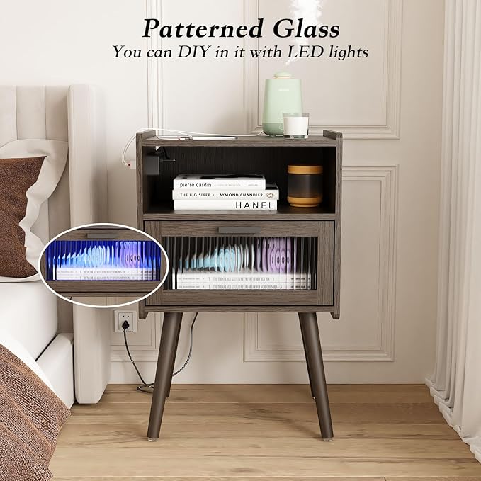 Mid Century Modern Nightstand with Charging Station, Bedside Tables with Glass Drawer, End Table Side Table with 2 Tiers Storage Space, for Bedroom, Living Room, Dark Grey