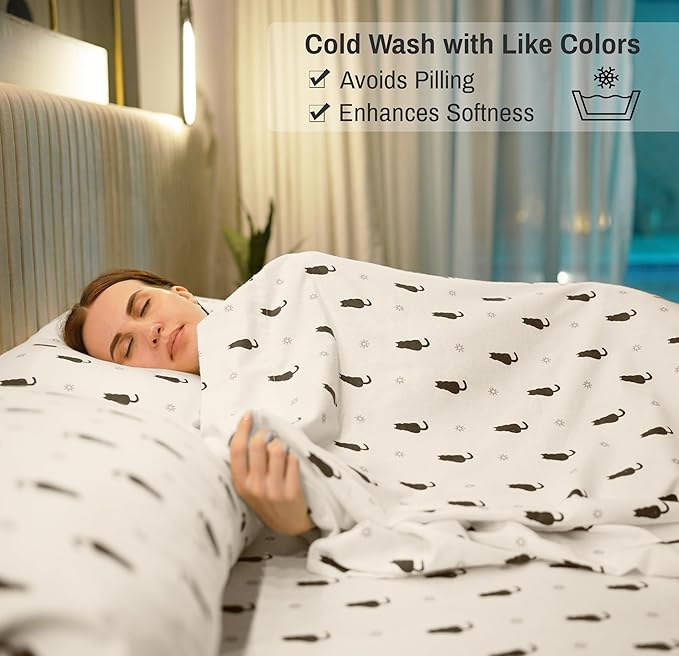 RUVANTI Flannel Sheets Split King Size - 100% Cotton Brushed Split King Bed Sheets Set, Deep Pockets 16 Inches, All Seasons Breathable & Extra Soft, Warm & Cozy, 5 Piece, Black Cat