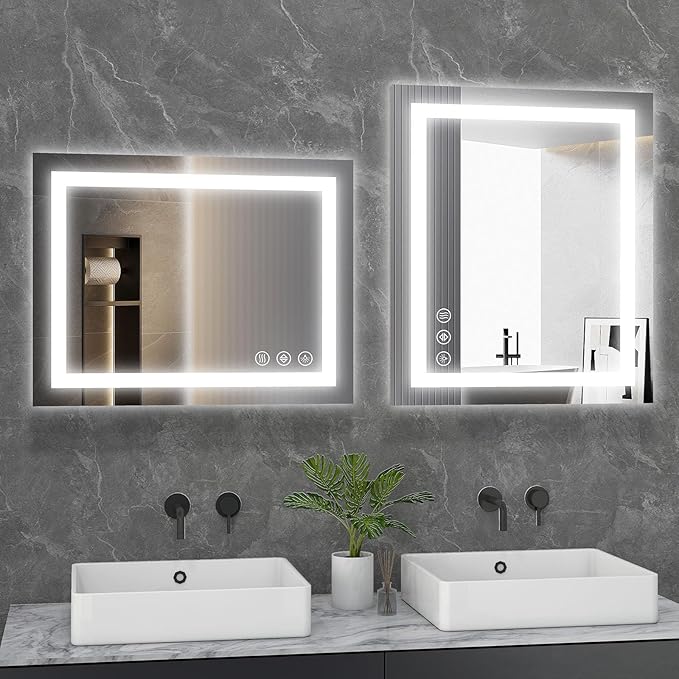 DUMOS 36"x 24" LED Bathroom Mirror with Lights, Dimmable Anti-Fog Front Lit Backlit Lighted Wall Mounted Rectangle for Vanity Makeup Memory Function Tempered Glass Shatter-Proof Horizontal&Vertically