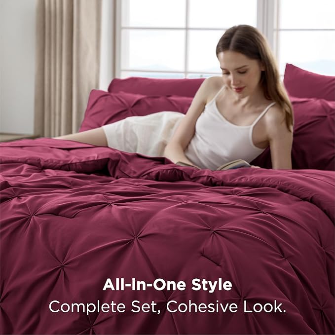 Bedsure California King Comforter Set Burgundy - Bed in a Bag Cal King Bedding Set 7 PCS, GentleSoft™ Pintuck Bed Set Gift for Family, Pinch Pleat Burgundy Comforter with Sheets, Pillowcases & Shams