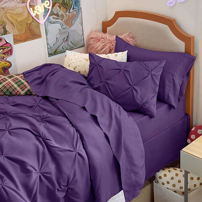 Bedsure Twin Comforter Set Purple - Bed in a Bag Twin Size Bedding 5 Pieces, GentleSoft™ Pintuck Bed Set Gift for Family, Pinch Pleat Purple Comforter with Sheets, Pillowcase & Sham