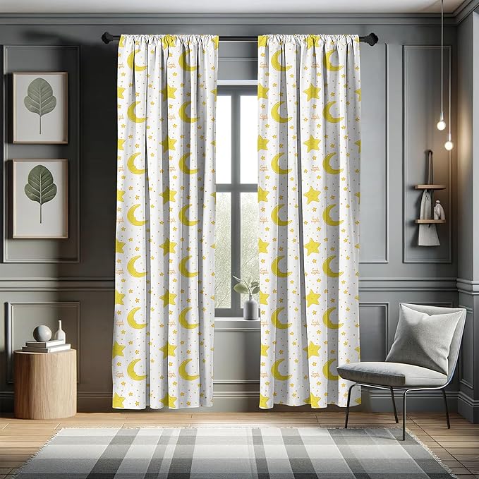 Ambesonne Yellow and White Curtains, Sleeping Crescent Moon and Stars Pattern Night Time Cartoon Illustration, Window Treatments 2 Panel Set for Living Room Bedroom, Pair of - 28" x 84", Pale Yellow