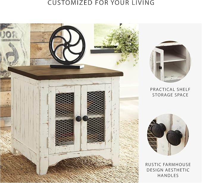 Signature Design by Ashley Wystfield Farmhouse End Table with Storage, Distressed White & Brown Finish