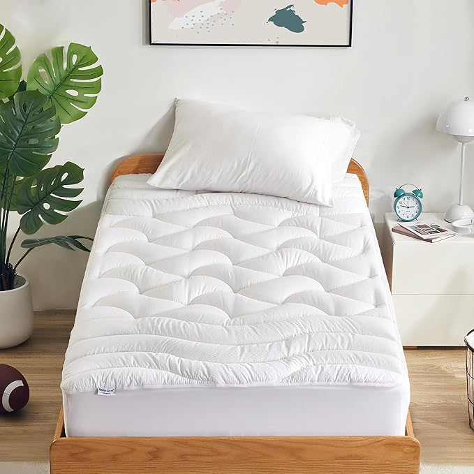 SLEEP ZONE Cooling Twin Mattress Topper for Single Bed, Premium Zoned Cool Mattress Pad Cover, Padded Mattress Protector Breathable Washable, Deep Pocket 8-21" (White, Twin)