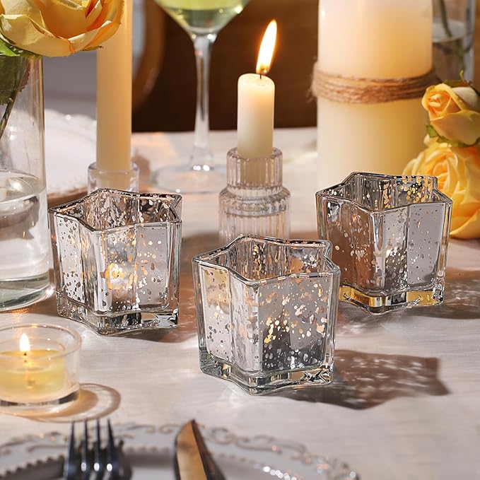 Letine 8pcs Silver Star-Shaped Candle Holders, Tea Light & Votive Candle Holders for Diwali, Wedding, Fall Table Centerpiece, Celestial Glow Jar, Lucky Star Jar & Holiday Decorations (2.44" H)