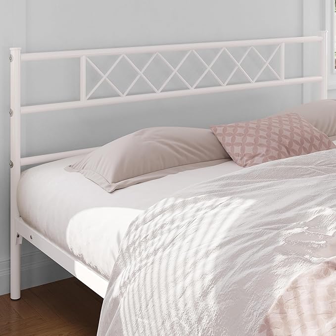 Yaheetech Metal Platform King Bed Frame Mattress Foundation with Headboard and Footboard No Box Spring Needed Under Bed Storage Steel Slats White