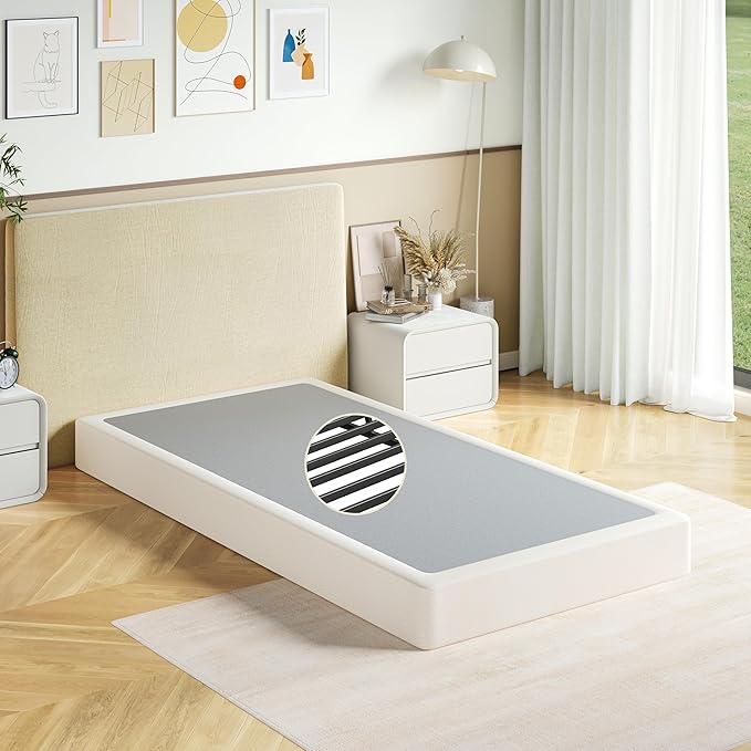 Box Spring Twin Size, 7 Inch Low Profile Metal Frame Mattress Foundation, 3000 lbs Heavy Duty Boxspring with Fabric Cover, Easy Assembly, Noise Free, Non-Slip
