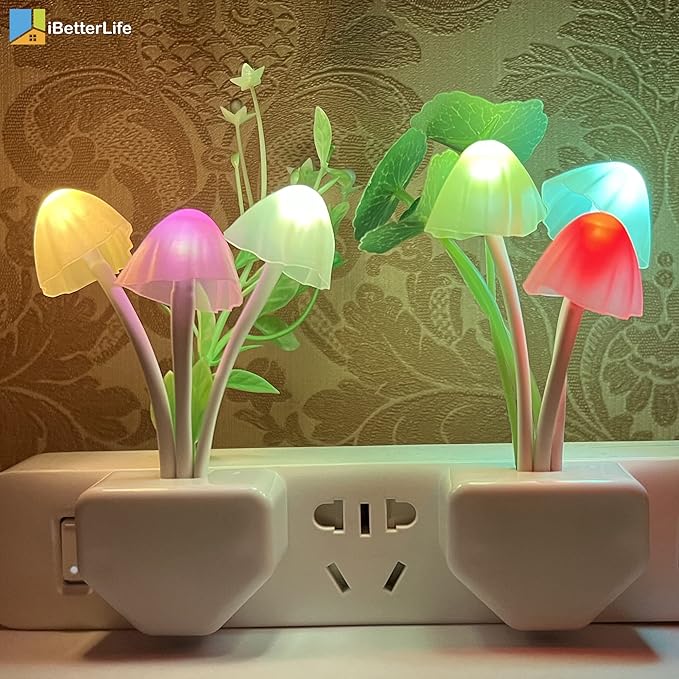 iBetterLife LED Night Light Smart Sensor 0.6W Color Changing Plug-in Night Lights for Kids Adults Cute Mushroom Night Light Bedroom Home Decor Light Wall Lamps NightLight