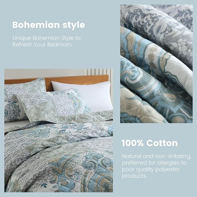 Secgo Queen Size Comforter Set- 100% Cotton Quilt Queen Size Set, Green, Sage bedspreads (90 * 96 Inch) with 2 Pillow Shams, Patchwork Reversible Lightweight Bedding