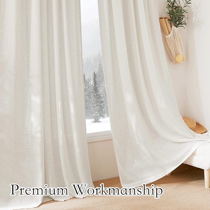 RYB HOME Semi Sheer Curtains 102 inches Long, Back Tab Light Filtration Half Privacy Window Curtains & Drapes for Bedroom Living Room, Linen, W 52 x L 102 inches, 2 Panels Set