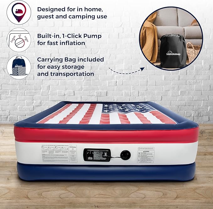 SoundAsleep Dream Series Luxury USA Air Mattress with ComfortCoil Technology & Built-in High Capacity Pump for Home & Camping- Double Height, Adjustable, Inflatable Blow Up, Portable - Queen Size
