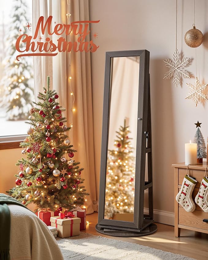 SONGMICS 360° Swivel Jewelry Cabinet, Lockable Jewelry Organizer with Full-Length Mirror, Rear Storage Shelves, Interior Mirror, Jewelry Armoire, Christmas Gifts for Women, Ash Brown UJJC006K02