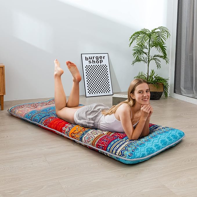 MAXYOYO Cot Mattress Bohemian Floor Bed, Japanese Floor Mattress Narrow Twin Futon Single Bed for Adults, Foldable Futon Roll Up Mat for Camping