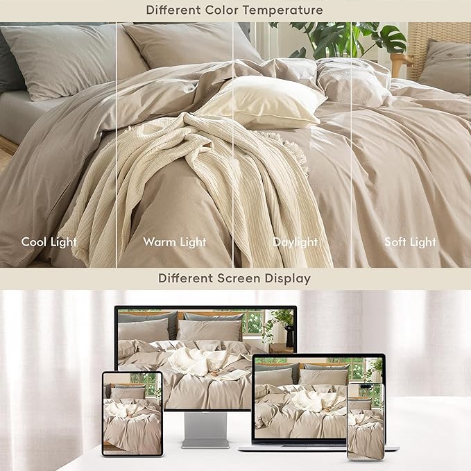 MooMee Bedding Duvet Cover Set 100% Washed Cotton Linen Like Textured Breathable Durable Soft Comfy (Heathered Taupe, Twin 68"x90")