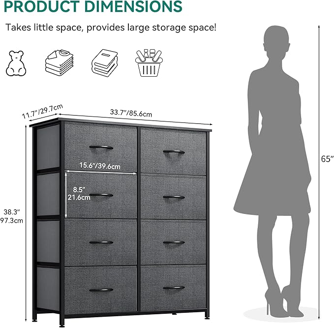 YITAHOME Dresser for Bedroom, Tall Dresser with 8 Drawers, Storage Tower with Fabric Bins, Chest of Drawers for Closet & Living Room - Sturdy Steel Frame, Wooden Top