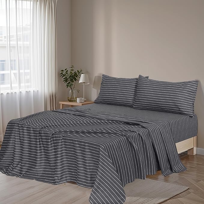 RUVANTI Flannel Sheets Queen Size - 100% Cotton Double Brushed Bed Sheets, Deep Pockets 16 Inches Queen Sheet Set, All Seasons Breathable & Extra Soft - Warm & Cozy, 4 Piece, Pinn Stripe