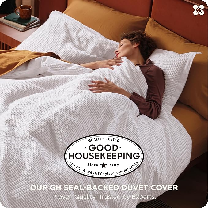 Bedsure Cotton Duvet Cover Queen - 100% Cotton Waffle Weave Bright White Duvet Cover Queen Size, GentleSoft™ and Breathable Bedding Set for All Season, 3 Pieces, 90"x90"