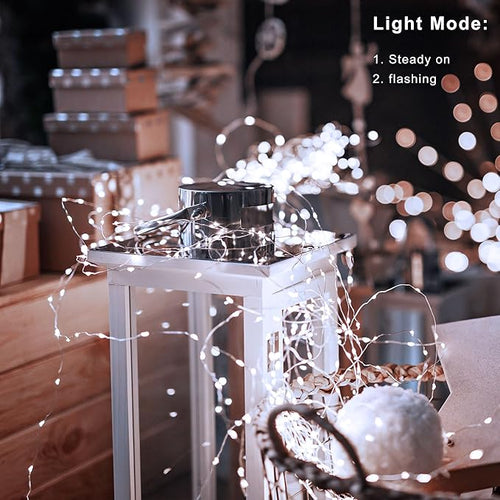 2 Pack Christmas Fairy Lights Battery Operated, 16.4Ft 50 LEDs Silver Copper Wire Twinkle Lights with 2 Lighting Modes for Christmas Bedroom Indoor Outdoor Wedding Holiday Decor(Cool White)