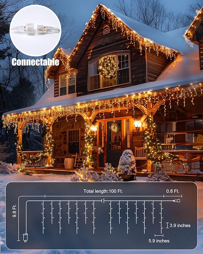 Brightown Icicle Lights: 40Ft Weatherproof, 432 LED Icicle Adjustable Timing, Warm White Eaves & Outdoor Decor