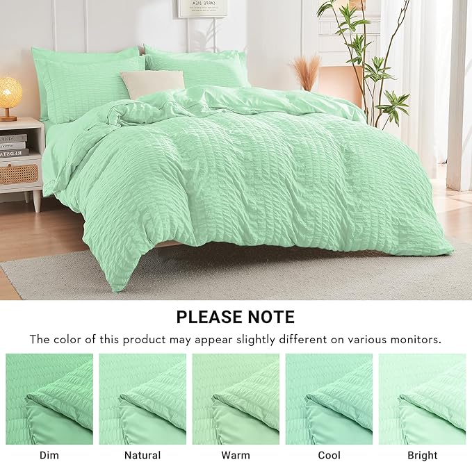 HYMOKEGE Mint Green Queen Comforter Set Seersucker 7 Pieces, All Season Luxury Bed in a Bag Queen for Bedroom, Bedding Set with Comforter, Sheets, Pillowcases & Shams