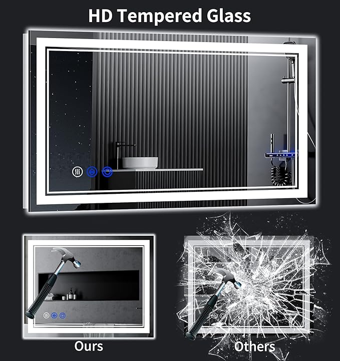55"x30" LED Bathroom Mirror with Anti-Fog, Stepless Dimmable Lights, 3 Color Modes, Shatter-Proof Tempered Glass, Memory Function & Waterproof Design