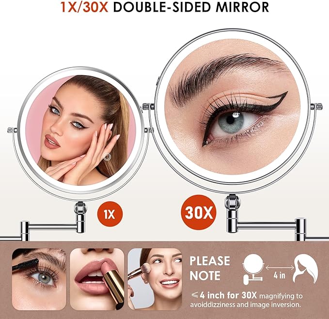 9" Wall Mounted Lighted Makeup Mirror,4000mAh Rechargeable Double Sided 1X/30X Magnifying Mirror with Light,Touch Dimmable,Extended Arm 360 Rotation Wall Mounted Makeup Mirror 3 Color Lights-C