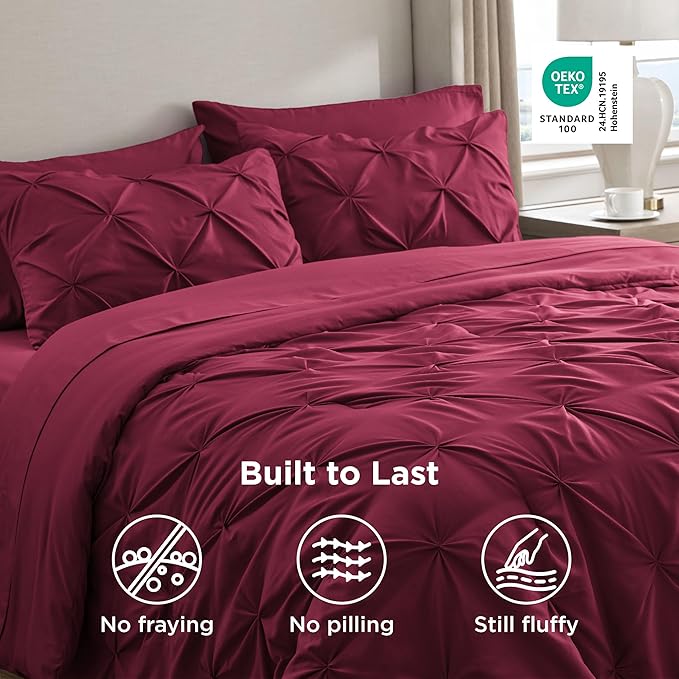 Bedsure Queen Comforter Set Dark Red - Bed in a Bag Queen Size Bedding 7 Pieces, GentleSoft™ Pintuck Bed Set Gift for Family, Pinch Pleat All Season Comforter with Sheets, Pillowcases & Shams