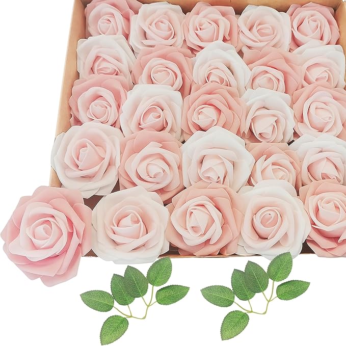Artificial Flowers 25pcs Fake Roses, Pinkish White Foam Rose Faux Flower for Wedding Bouquet Bridal Shower Centerpieces Floral Arrangements Home Decorations Party Backdrops Table