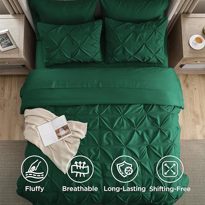 Bedsure King Size Comforter Set Dark Green - Bed in a Bag Bedding Set 7 Pieces, GentleSoft™ Pintuck Bed Set Gift for Family, Pinch Pleat Dark Green Comforter with Sheets, Pillowcases & Shams