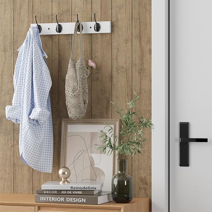 Coat Hooks Wall Mounted, Wooden Hat Rack with 4 Hooks for Entryway, Bathroom,Bedroom(White)
