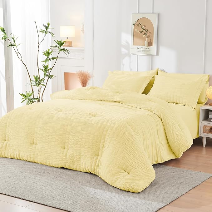 HYMOKEGE Yellow Queen Comforter Set Seersucker 7 Pieces, All Season Luxury Bed in a Bag Queen for Bedroom, Bedding Set with Comforter, Sheets, Pillowcases & Shams