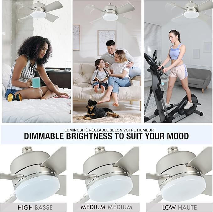 Bell+Howell Socket Breeze Cool Light Deluxe Silver – Ceiling Fans with LED Lights and Remote Control, Replacement for Lightbulb - Bedroom, Kitchen, Living Room,1000 Lumens / 5000 Kelvins