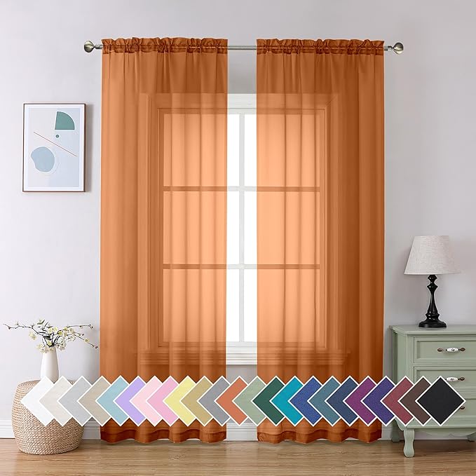 Aiyufeng Orange Sheer Curtains 90 Inches Long 2 Panels Set, Light Filtering Soft Airy Voile Rod Pocket Orange Sheer Window Drapes for Bedroom Living Room, Each 42Wx90L Inches
