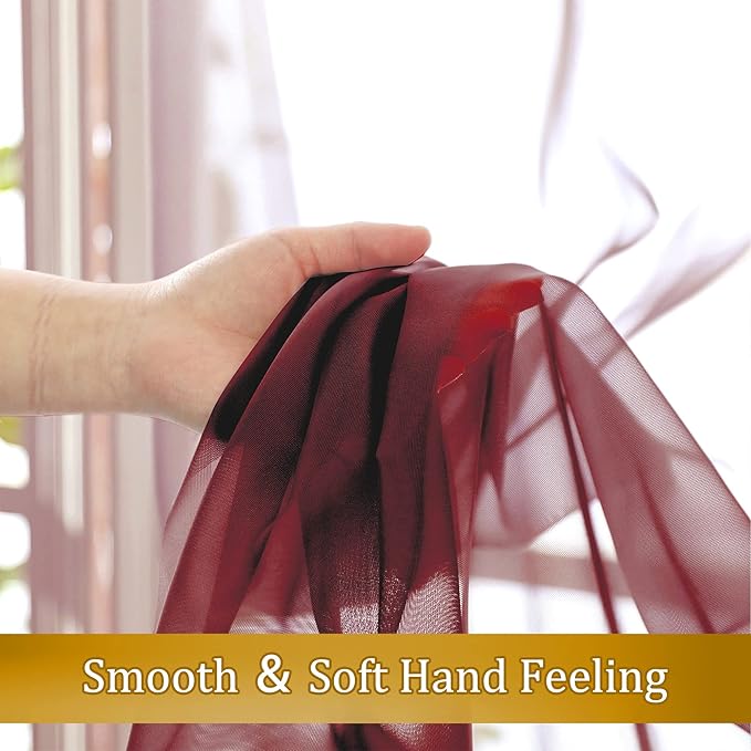 Aiyufneg Wine Kitchen Sheer Curtains 36 inches Long, Short Kitchen Window Treatment Solid Sheers Cafe Curtains Bathroom Voile Half Window Curtains 2 Panels for Laundry Room, Rod Pocket, 40" Wx36 L