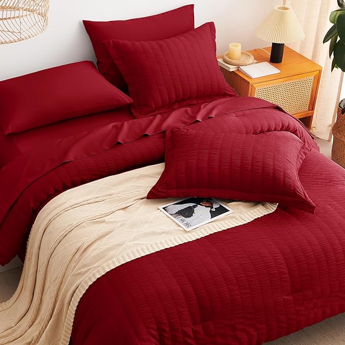 CozyLux Full Size Comforter Sets with Sheets Seersucker 7 Pieces Dark Red Bed in a Bag Textured Luxury Soft Bedding Set with Down Alternative Comforter, Sheets, Pillowcases & Shams for All Seasons