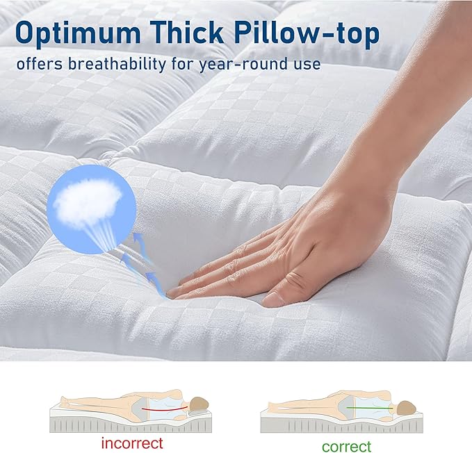 Bedluxury Queen Mattress Topper Extra Thick Pillowtop Mattress Pad Cover Cooling and Plush with 8-21 Inch Deep Pocket 3D Snow Down Alternative Fill