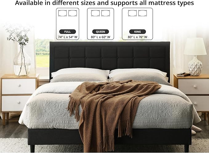 Decoro Mornington Upholstered 2.0 Platform Bed, Button-Tufted Fabric Headboard and Metal Frame with Wood Slat Support, Dark Grey, King