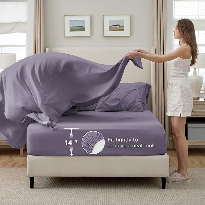 Bedsure Queen Comforter Set - Bed in a Bag Queen Size Bedding 7 Pieces, GentleSoft™ Pintuck Bed Set Gift for Family, Pinch Pleat Grayish Purple Comforter with Sheets, Pillowcases & Shams