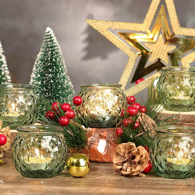 DARJEN Green Votive Candle Holders Set of 24- Round Glass Candle Holders Bulk for Flameless LED Tea Waxes, Candle Holder for Wedding Shower & Home Table Decor, Various Parties
