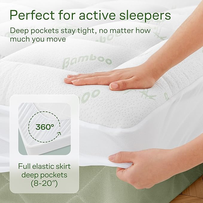 Ultra Soft King Size Mattress Topper - Viscose Made from Bamboo Pillow Top Mattress Pad for Back Pain Relief - Naturally Cooling for Hot Sleepers, Green