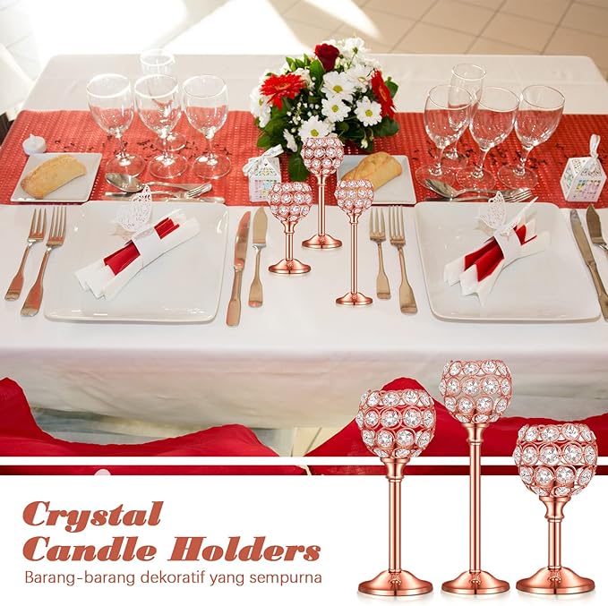 Qunclay 18 Pieces Crystal Candle Holders Bulk Candle Stick Holder Centerpieces for Table Wedding Centerpieces Crystal Decorative Tealight Dining Table Decor for Party(Rose Gold)