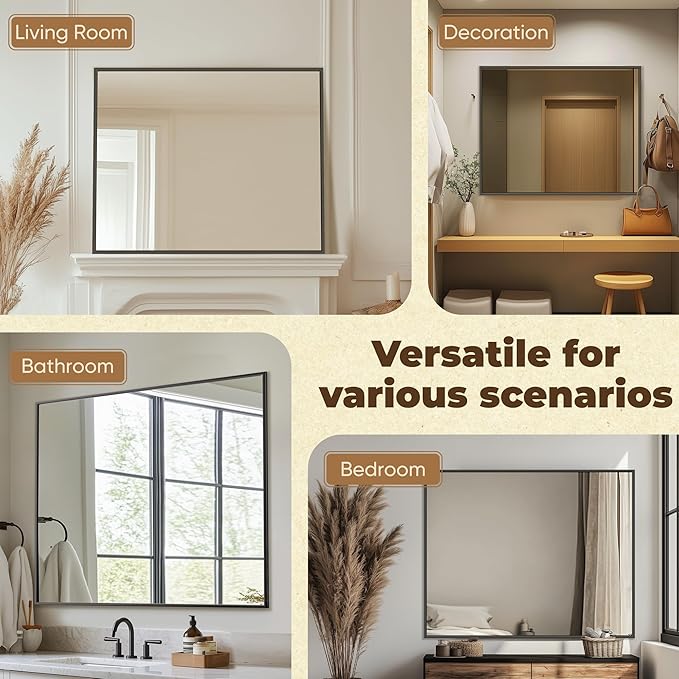 Antok Bathroom Mirror,36"x36" Wall Mirror, Decorative Mirrors Vanity Mirror Aluminum Alloy Frame Contemporary Hanging Mirror for Living Room Bathroom Entryway,Black,Rect Corner