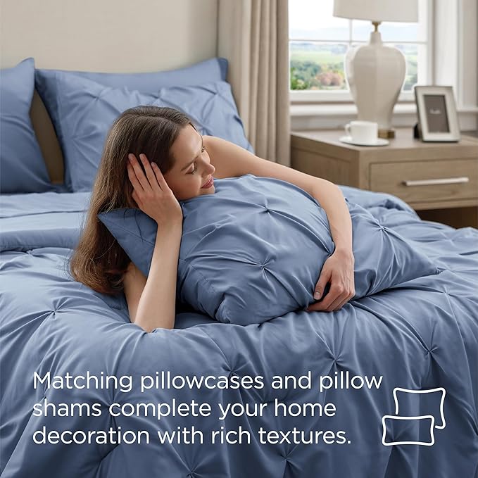 Bedsure King Size Comforter Set Slate Blue - Bed in a Bag Bedding Set 7 Pieces, GentleSoft™ Pintuck Bed Set Gift for Family, Pinch Pleat Slate Blue Comforter with Sheets, Pillowcases & Shams