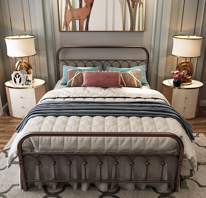 Metal Bed Frame Queen Size with Vintage Headboard and Footboard Platform Base Wrought Iron Double Bed Frame (Queen, Antique Brown)