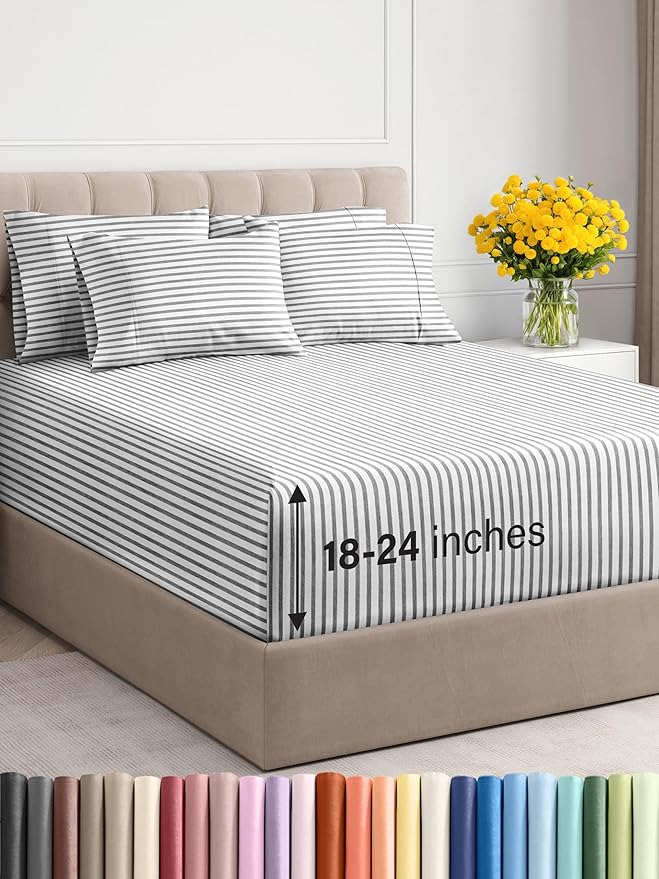 Extra Deep Queen Sheet Set - 6 Piece Breathable and Cooling Sheets - Hotel Luxury Bed Sheets Set - Easy Fit - Soft, Wrinkle Free and Comfy Sheets Set - Grey Striped Sheet Set with Extra Deep Pockets