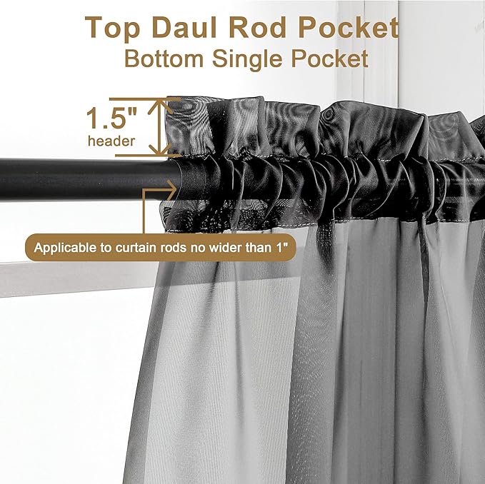 Chyhomenyc Sheer Black Curtains 90 inches Long 2 Panels, Light Filtering Soft Airy Solid Elegant Voile Window Treatment Drapes for Bedroom Living Room Wedding Party Decor, 42 Wx90 L Inches