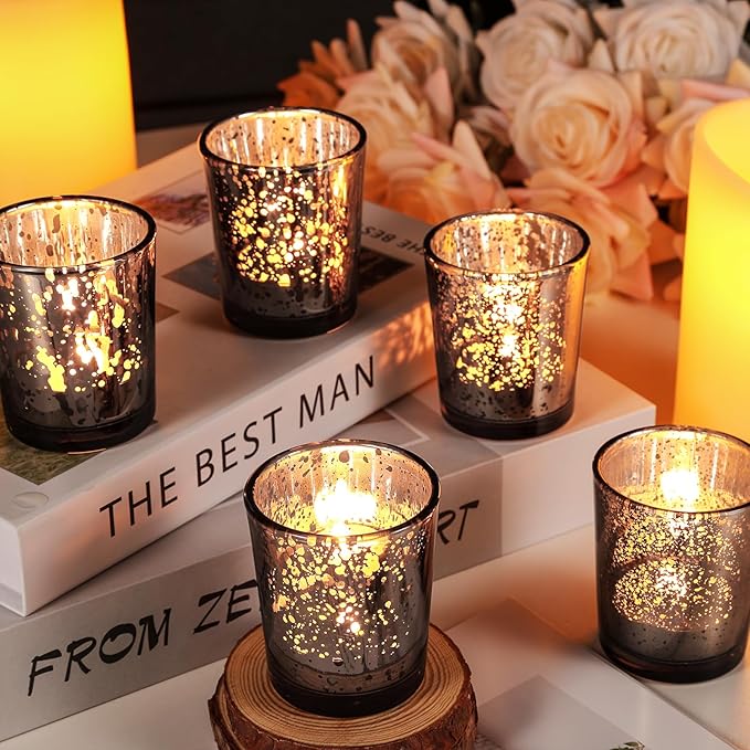 Black Votive Candle Holders Set of 24, Speckled Mercury Candle Holders for Wedding Centerpiece Table Decorations, Tealight Candle Holder for Party Bridal Shower Decor, Home Decor
