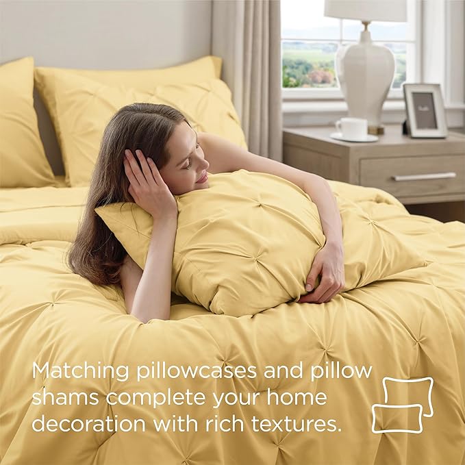 Bedsure California King Comforter Set Yellow - Bed in a Bag Cal King Bedding Set 7 Pieces, GentleSoft™ Pintuck Bed Set Gift for Family, Pinch Pleat Yellow Comforter with Sheets, Pillowcases & Shams