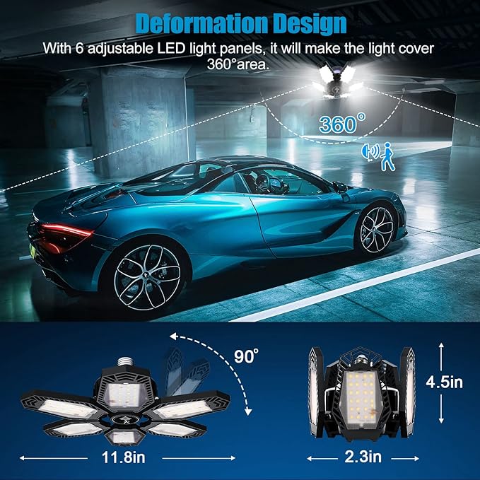 TANBABY 2 Pack Motion Sensor Garage Light, Total 30000LM Deformable Garage Lighting, 150W LED Ceiling with Motion, Ultra Bright Motion Activated LED Shop Light for Attic, Basement