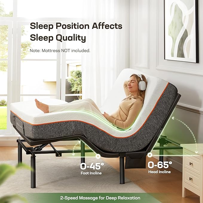 Marsail MS01-1 Full Adjustable Bed Base with Massage, 4 Ports USB A&C Adjustable Bed Frame with Under-Bed Nightlight, 3 Minutes Fast Assembly, Wireless Control Adjustable Bed with 4 Height Options